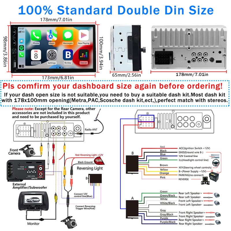 Double Din Car Stereo with Wireless Carplay,Wireless Android Auto,7 inch