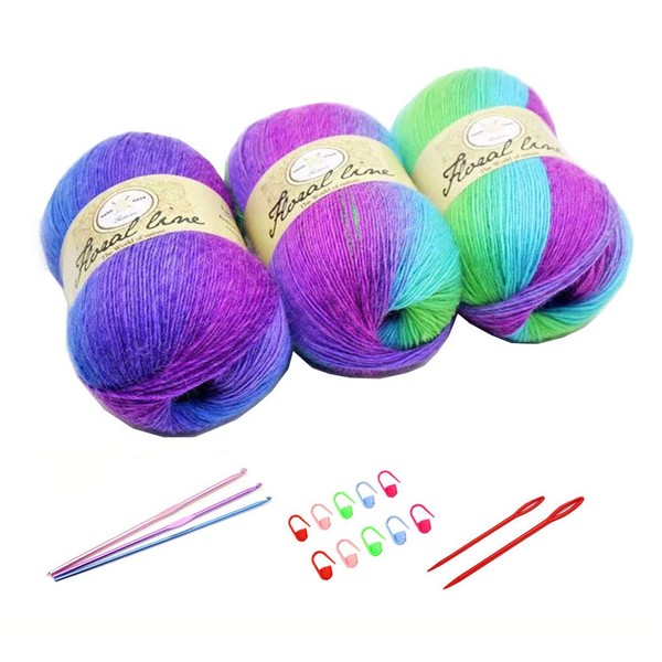3X 100g Rainbow Wool Yarn Balls Chunky Knit Double Pom