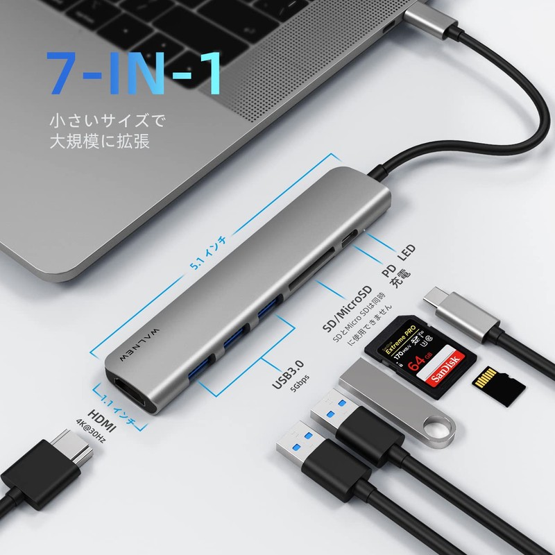 USB C HUB WALNEW USB-C Converter Adapter 7-in-1 USB Hub
