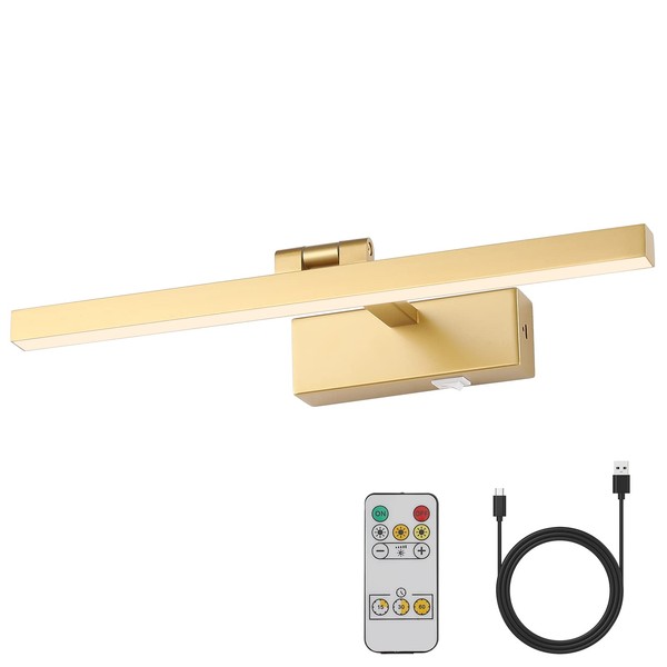 Joosenhouse Picture Light Battery Operated Dimmable Wireless Picture Light with Timer Remote Gold Painting Light Adjustable Swing Arm Wall Light 15.75" Inches Long 3000k