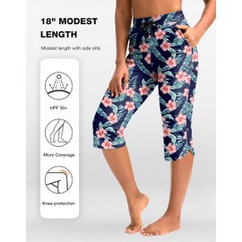 Pudolla Women's Swim Capris 18" Quick Dry UPF50+ Swimsuit Pants Long Board Shorts for Women with Pockets (Navy Flower X-Large)