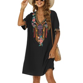 Grosy Women's Embroidered Mexican Peasant Dresses, Plus Size Fiesta Boho Dress for Women, Traditional Floral Bohemian Skirts (Medium, Black-1)