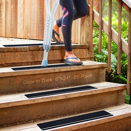 S&X Outdoor Stair Treads Non-Slip 25-Pack 6" x 24" with Glow-in-The-Dark Stripe Heavy Duty Anti Slip Tape for All Slippery Surfaces - Weather Resistant Grip Tape for Stairs, Steps