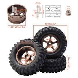 Rowiz 4PCS RC Car Tires 1/10 1/12 Off Road RC Wheels with Tires and Rims Foam Inserts 12mm Hex Hub Width 1.45" (37mm) OD 3.77"(96mm) Titanium Gold Color