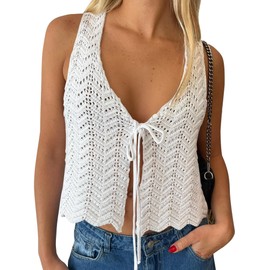 Crochet Tops for Women Summer Vacation Outfits Beach Cover Up Tie Front Going Out Vest Vintage Casual Streetwear (A-White, M)