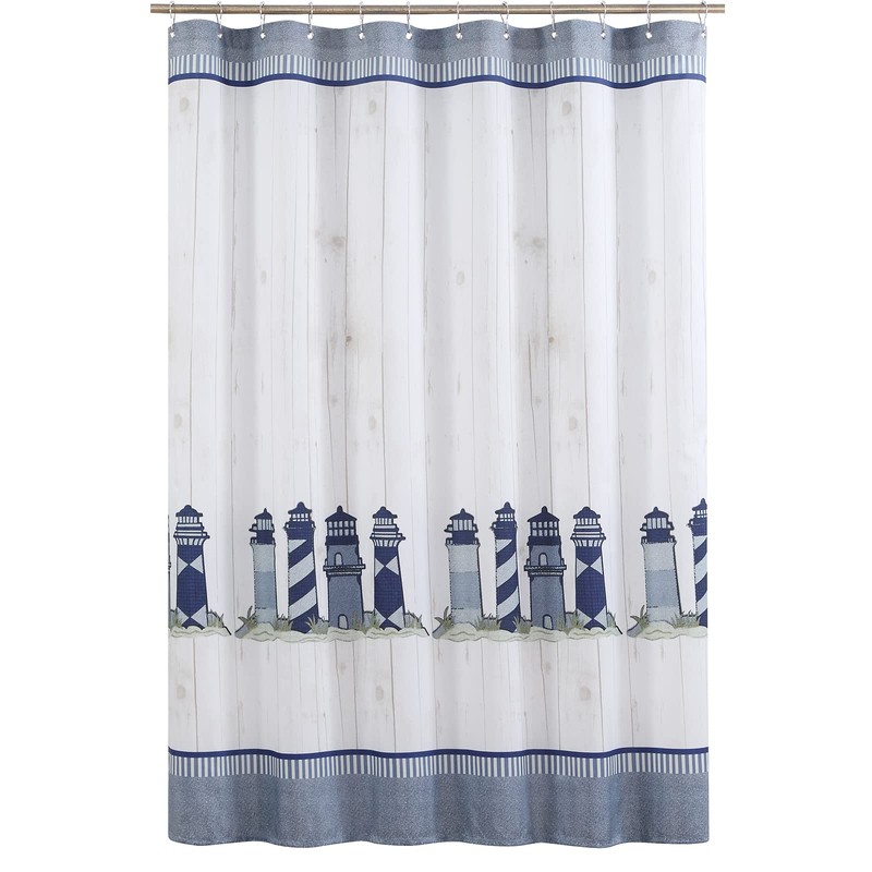 D DS CURTAIN Lighthouse Farmhouse Blue Sea Sailing White Printed