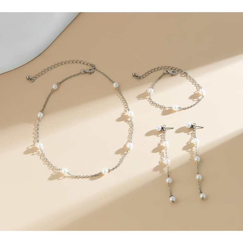 KONPJE - Juego de joyas de perlas para mujer, collar