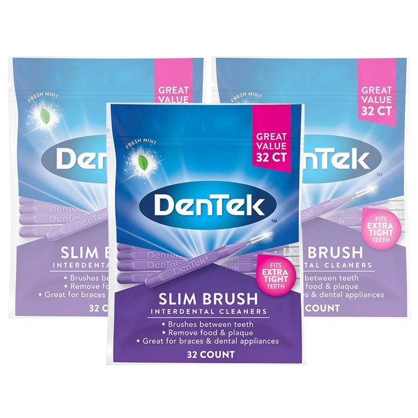 DenTek Slim Brush Interdental Cleaners | Brushes Between Teeth | Extra Tight Teeth | Mint Flavor | 32 Count | Pack of 3