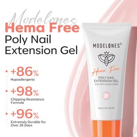modelones Poly Nail Gel, Hema-Free 60ML Barely Pink Poly Extension Gel Nail Enhancement Thickening Sheer Pink Builder Overlays 3D Molding Home DIY Salon Use