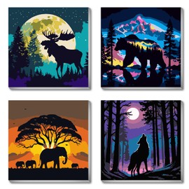 FQOVKYN 4 Packs Framed Paint by Number Kits for Adults, DIY Animals Adult's Paint by Numbers for Beginners, Easy Acrylic Watercolor Paint by Numbers Canvas Arts and Crafts for Wall Decor Gift (8x8in)