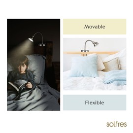 Solfres Innovative Design Headboard Reading Light. No Drilling Golden Book Light for Bedtime Reading. Dimmable LED Book Reading Lamp with Bulb. Movable & Flexible, Silver