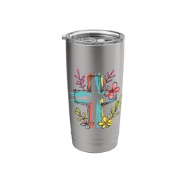 Christian Merch / Jesus Colorful Cross Flowers Pretty Design Stainless Steel Insulated Tumbler