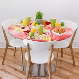 Valentines Day Decor Round Fitted Tablecloth Red Heart Round Table Cover with Elastic Edge Waterproof Wipeable Polyester Circle Table Cloths for Outdoor Picnic Party Patio Fit for 45"-50" Table