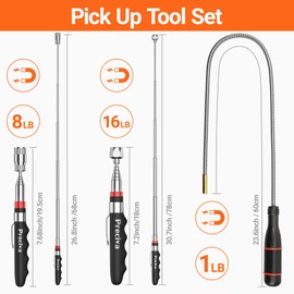 3PCS Magnetic Telescopic Pick-up Tool Kit,Preciva 16LB Magnetic Sticker Gadget，8LB LED Retractable Magnetic Pickup Tool，60CM 1LB Flexible Magnetic Pick Up Tools