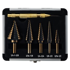 Kodilin Step Drill Bits, 5PCS HSS Titanium Step Drill Bit Set (with Automatic Center Punch),Covering 50 Sizes High Speed Steel Step Bits for Metal Complete with Aluminium Case