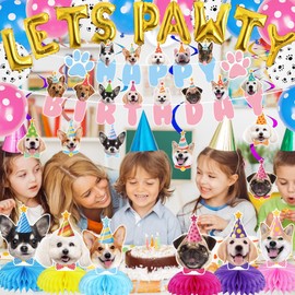 GOYOSWA Dog Birthday Party Supplies, Dog Party Decorations Includes 1 Birthday Banner, 6 Dog Honeycomb Centerpieces, 6 Hanging Swirls with 6 Dog Cutouts, LETS PAWTY Letter Balloons and 12 Balloons