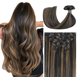 WindTouch Clip in Hair Extensions Human Hair, Highlight Hair Extensions 70g 15 Inch 7pcs Natural Black Mixed with Chestnut Brown, Remy Human Hair Clip in Extensions for Women, Soft Natural Straight