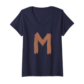 Womens Creative Bold Leather Letter M - Design - Alphabet - Marker V-Neck T-Shirt