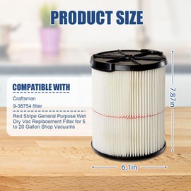 2 PCS Replacement Filter for Craftsman CMXZVBE38754 (Red Stripe) High Efficiency Wet Dry Vac Filter for 5-20 Gallon Shop Vacuums Compatible with Part #009-38754