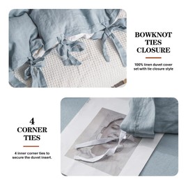 Simple&Opulence 100% Linen Duvet Cover Set, 3 Piece Belgian Flax Breathable Bedding, Queen Size 88''x92'' (1 Comforter Cover+2 Pillowshams) with Tie Closure Style, Dusty Blue