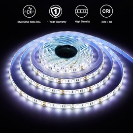 JOYLIT 12V White LED Strip Lights 6000-6500K 16.4ft/5M SMD5050 300LEDs, Dimmable IP65 Waterproof Cuttable Flexible LED Rope Light for Bedroom, Living Room, Kitchen