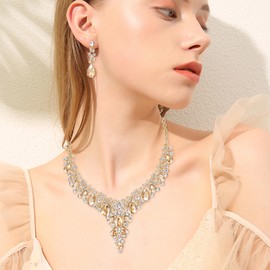 EVER FAITH Statement Jewellery Set for Women Crystal Flower Round Teardrop Statement Bridal Necklace, Dangle Earrings and Bracelet Set Clear Gold Tone, Crystal