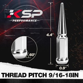 KSP F250 F350 Spike Lug Nuts 32pcs, 9/16-18" Chrome Spiked Lug Nut Compatible with Dodge Ram 2500 3500 1994-2011, 4.4" Height Bulge Acorn Alloy Steel Spikes Lug Nut with 1 Socket Key for 8x165.1 Rim