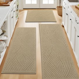 SHACOS Kitchen Mats for Floor Set of 3 Kitchen Rugs Non Slip Washable Polypropylene Absorbent Resist Dirt Mat for Kitchen, Entryway, Hallway, Front of Sink (17"x30"+17"x47"+17"x59", Waves Beige)