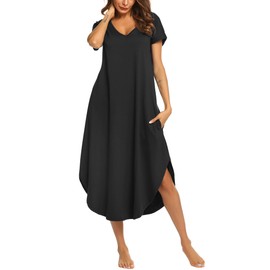 Ekouaer Women's Loose Sleepwear Short Sleeve Nightshirt Full Length Nightgown (Black,M)