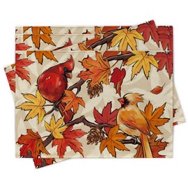 Croar Fall Cardinal Maple Leaves Placemats Set of 4, Autumn Red Bird Branch Dining Place Mats Table Decor, Pine Cone Seasonal Home Kitchen Decoration 12 x 18 Inch