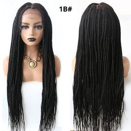 RESHE HD 33" Braiding Wig Knotless Cornrow Braids Wig Lace Frot With Baby Hair Synthetic Hair Natural Looking Handmade Lace Braid Wigs For African American Women Box Braided Wigs (#1B)