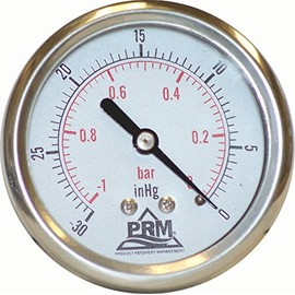 PRM Vacuum Gauge, 0 to -30 inHg / 0 to -1 Bar, 2.5-Inch Stainless Steel Case, Brass Internals, 1/4-Inch NPT Back Mount, Liquid Filled - Accurate Measurement for Air & Water Systems
