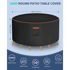 Round Patio Furniture Cover, 48 Inch Diameter Waterproof 600D Heavy Duty Table and Chair Set Protection Black
