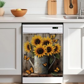 Sunflower Butterfly Dishwasher Magnet Cover 23x26 in,Rusty Watering Can Vintage Wood Grain Removable Magnetic Dishwasher Door Cover,Decorative Refrigerator Panel Sticker for Kitchen Home Decor