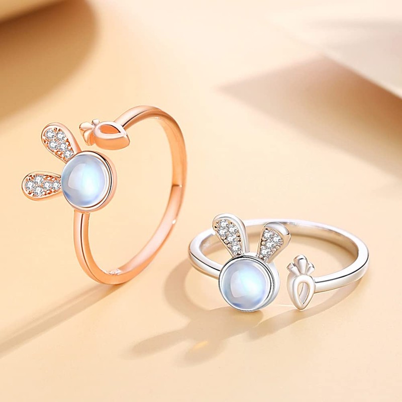 K.L.Y Women's Ring, Popular, Rabbit, 925 Silver, Cubic Zirconia, Moonstone,