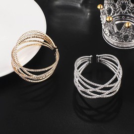 SINLOV Crystal Opening Bracelet Sparkly Rhinestone Bangle Bracelet Layered Cross Cuff Bracelet Hand Chain Jewelry for Women (Silver)