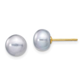 14K Yellow Gold 7-8mm Grey Button FW Cultured Pearl Stud Post Earrings