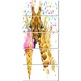 DesignArt Canvas Art Wall Decor 'Giraffe Eating Ice Cream' - Wall Art For Living Room, Wall Art Bedroom, Dining Room Wall Decor, Wall Art- Made Of Wood & Cotton Material - Large Size - 5 Piece Art - Overall Dimensions 28" x 60"