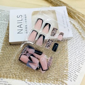 LWTZLW French Tip Press on Nails Leopard Medium Square False Nails Black French Tip Full Cover Glue on Nails Leopard Coffin Acrylic False Nails Black Glossy Artificial Nail Reusable for Women