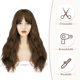 BARSDAR 26 Inch Light Brown Long Wavy Wig with Fringe Cosplay Wigs for Women and Girls Natural Colour Curly Wavy Wigs