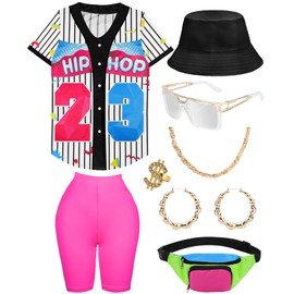 WILDPARTY 80s 90s Outfit for Women Baseball Jersey Shirt Shorts Fanny Pack Retro Party Costume Repper Accessories 1990s 1980s Neon Clothes WhitePink L