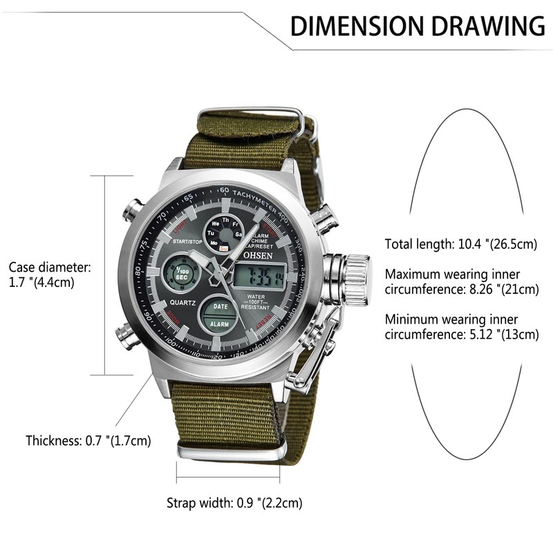 JewelryWe Men's Military Watches Dual Time Display Multifunctional Nylon Band
