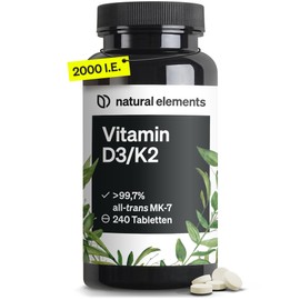 natural elements Vitamin D3 + K2 - > 99.7% all-trans MK-7 & 2000 IU Vitamin D3 - 240 tablets - high dose, optimally bioavailable - without unnecessary additives - produced in Germany