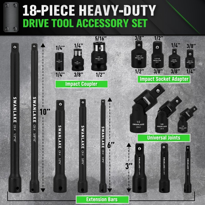 18-piece Impact Socket Extension Set Tools, Swivel Universal Joint, Deep