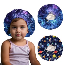 BHAHB 2 PCS Kids Bonnets for Girls Boys Satin Silk Hair Bonnets Double Layer Elastic Adjustable Hair Caps for Sleeping Reusable Cute Aesthetic-Astronaut Stars