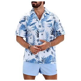 WDIRARA - Conjunto hawaiano a juego para hombre, 2 piezas, camisas y pantalones cortos con estampado tropical, Azul Teal, Small