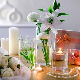 Jinei 12 Pack Glass Cylinder Vases Floating Candle and Clear Flower Vase Set Floating Candle Holders Centerpiece Vases for Table Home Wedding Decoration(White Candle, 3.3 x 4'', 3.3 x 6'', 3.3 x 8'')