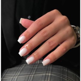 Uñas postizas blancas cortas Uñas cuadradas cortas Uñas acrílicas para mujeres, uñas postizas cortas con pegamento de color sólido para niñas Uñas de 