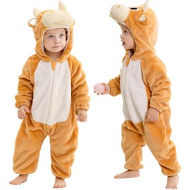 COOKY.D Baby Flannel Cartoon Hooded Romper Zipper Toddler Playsuits Outfits Infant Boys Girls Jumpsuit,Cattle 0-6 Months