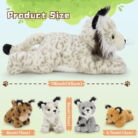 MorisMos Giant Lynx Teddy Soft Toy, 45cm Mom Lynx with 4 Cuddly Baby Inside, Big Fluffly Stuffed Animal, Realistic Large Kawaii Plushy Present for Kids Birthday Deco